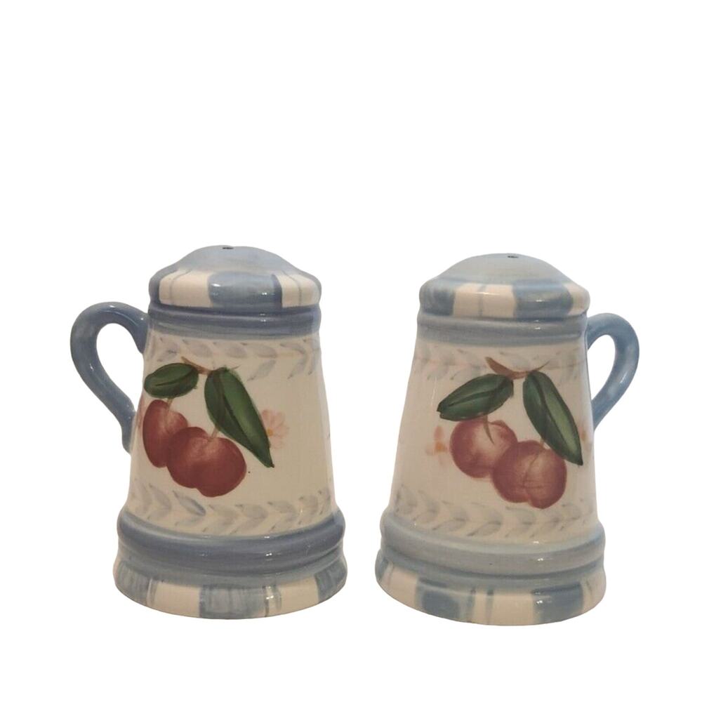 Country Blue Cherry with Handles Vintage Salt and Pepper Shakers